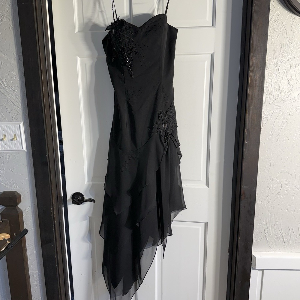 Black Cocktail Dress Small Tiered Asymmetrical Dark Fairy Fitted Bodice Beaded